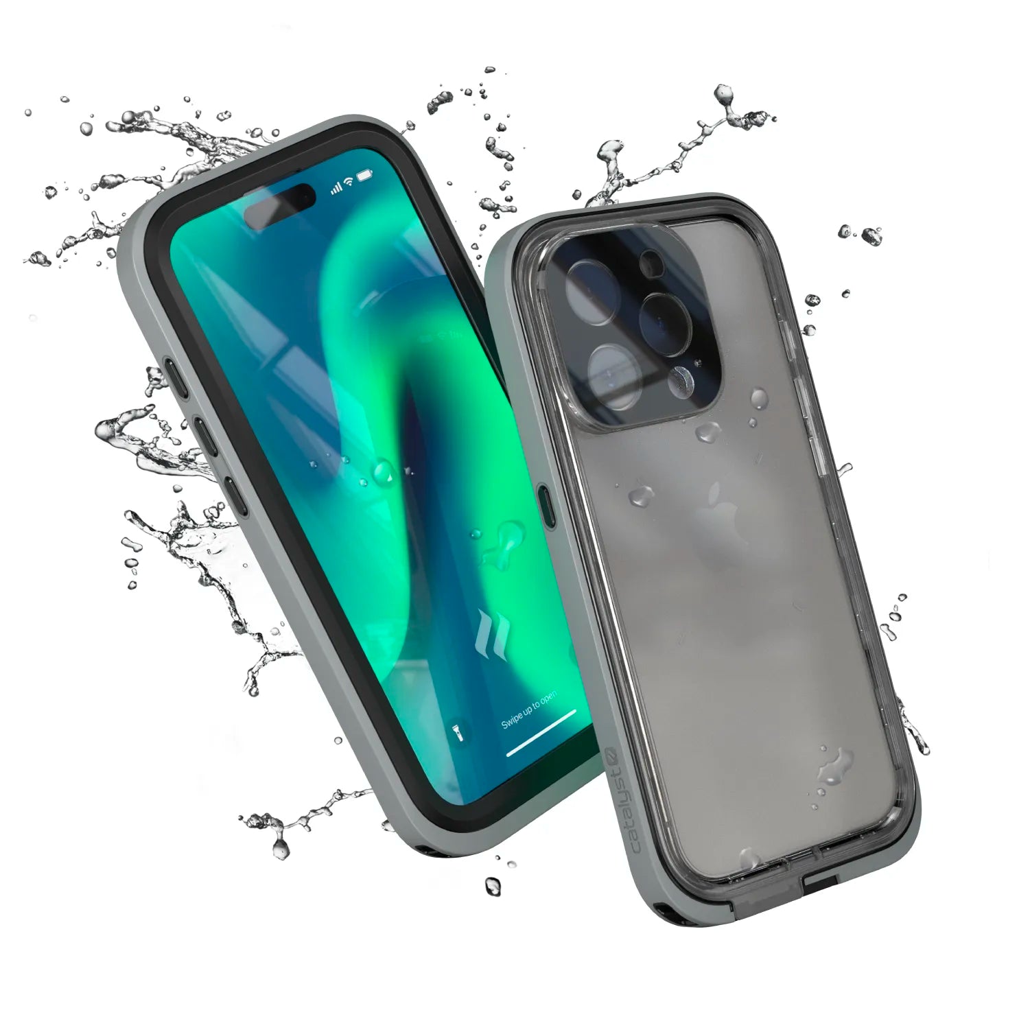 Two iPhone 15 Pro phones in Catalyst Case US Waterproof Titanium Gray cases are splashed with water, showing their waterproof and drop-proof protection. One displays a green-blue screen; the other shows the back with three camera lenses.