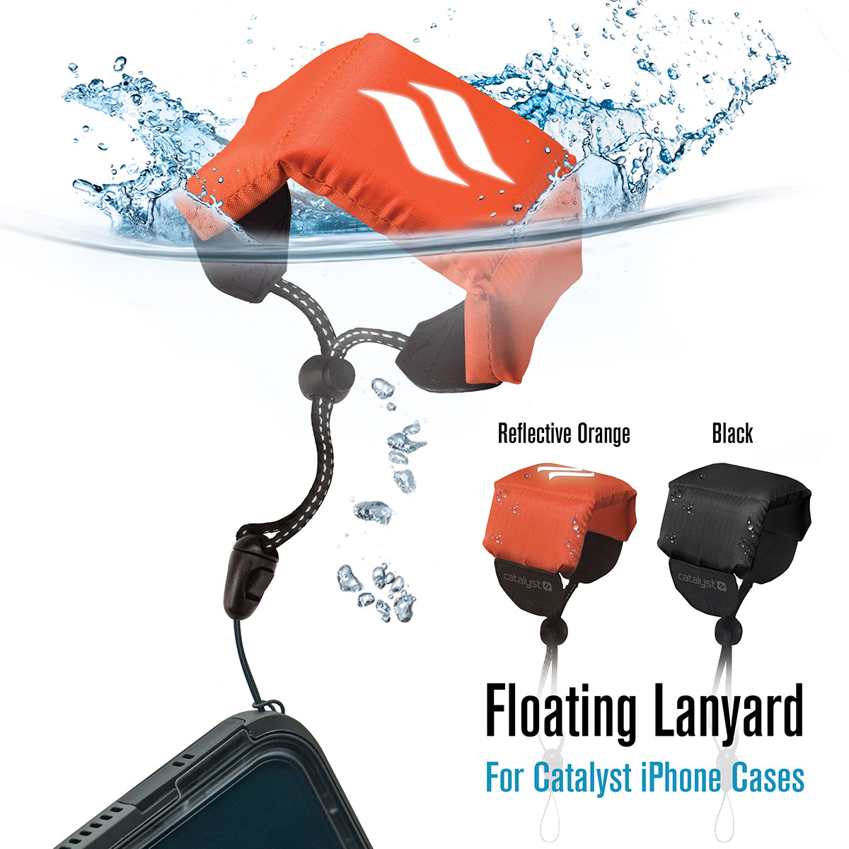 A bright orange floating lanyard is attached to a Catalyst Case US iPhone 8 Plus/7 Plus Waterproof Case, shown partly submerged in water. Smaller images display the lanyard in orange and black. Text: “Floating Lanyard For Catalyst iPhone Cases.”.