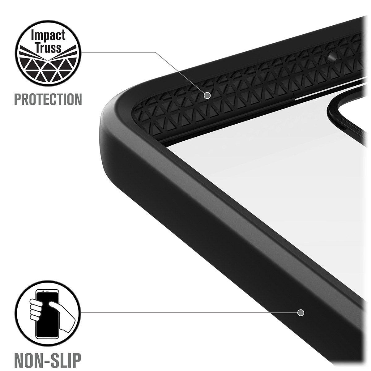 Close-up of Catalyst Case US Google Pixel 4 - Impact Protection Case corner, revealing internal geometric pattern. Text and icons highlight “Impact Truss Protection” and “Non-Slip” grip, with images of a hand holding a phone and the truss design.
