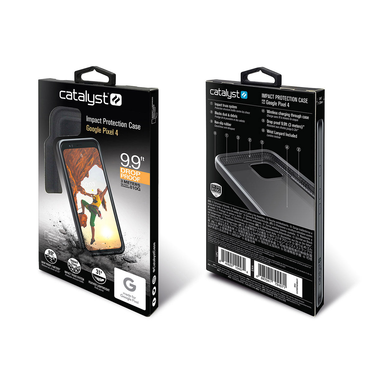 Two Catalyst Case US boxes for the Google Pixel 4 - Impact Protection Case are shown. The front highlights the case and phone underwater with "9.9ft Drop Proof." The back displays features, specs, and the case on a Pixel 4.