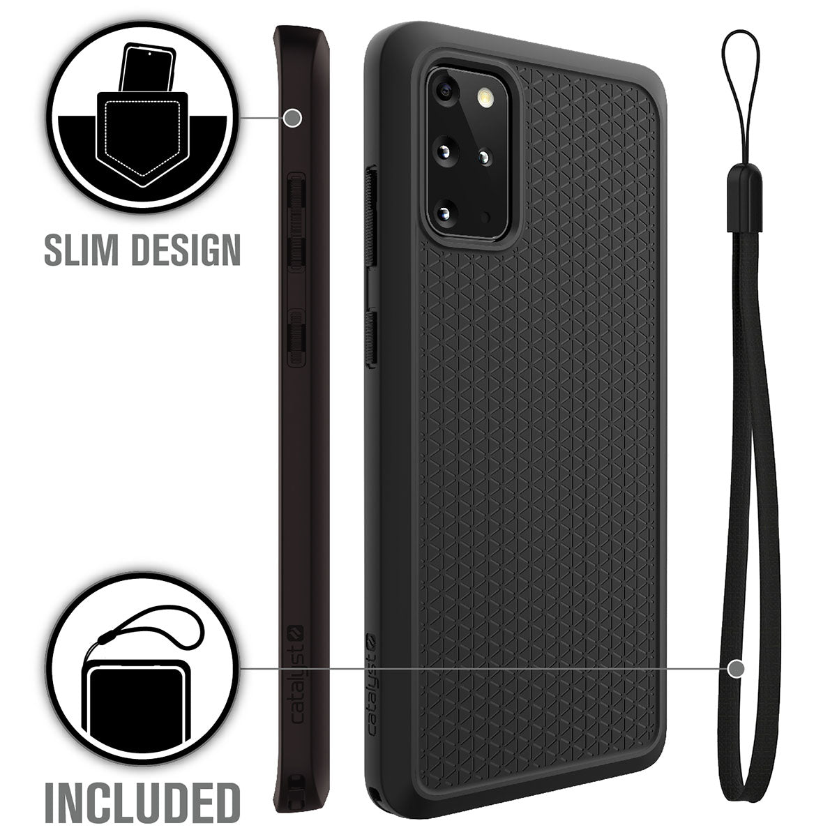 The Catalyst Case US Impact Protection Case for Samsung Galaxy S20 Plus is shown from the back and side, highlighting its slim black textured design. A detachable wrist strap is included, with icons for slim design, included strap, and wireless charging compatibility.