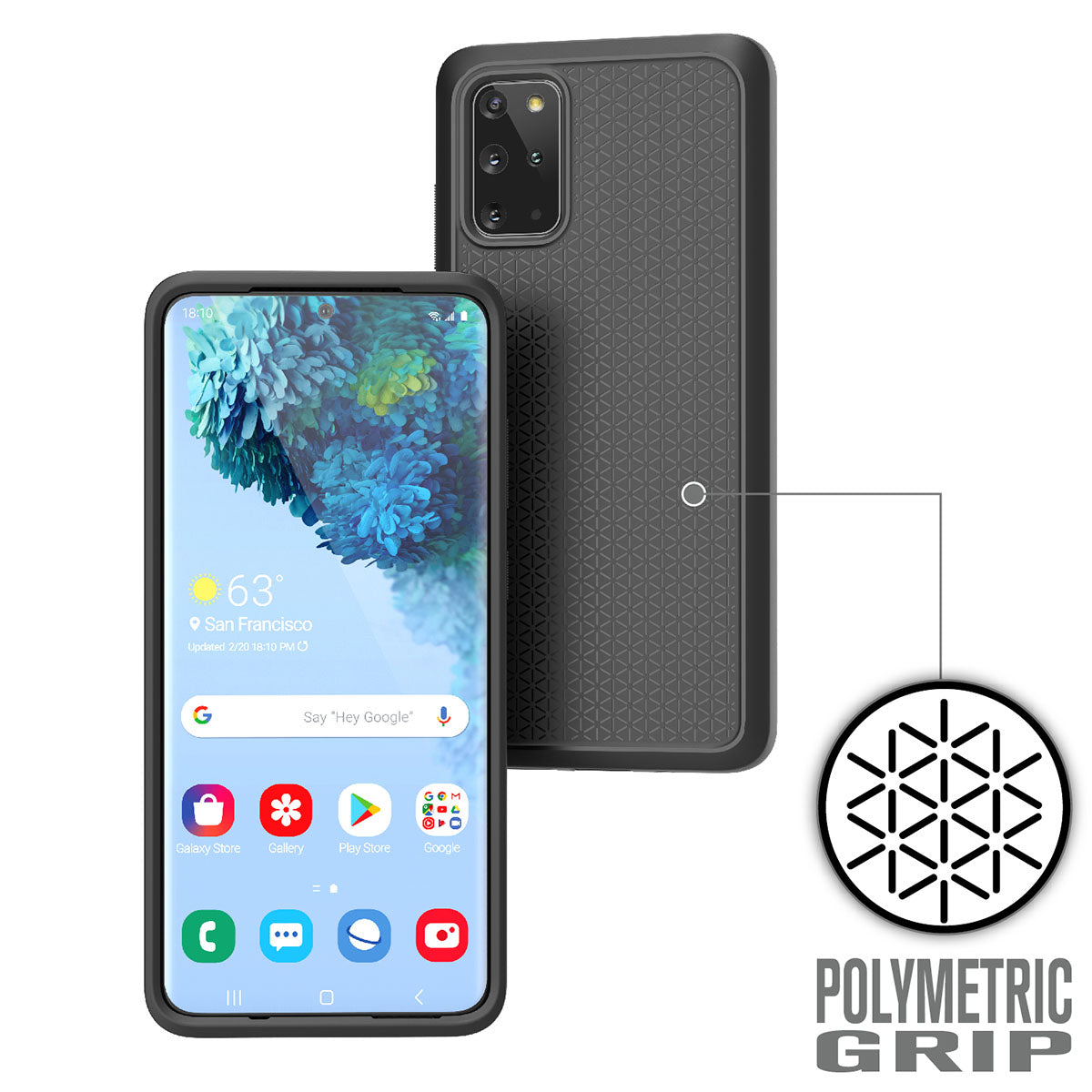 The Samsung Galaxy S20 Plus is shown in a black Catalyst Case US Impact Protection Case, featuring a hexagonal POLYMETRIC GRIP pattern for enhanced grip. The screen displays weather and apps. Inset notes Wireless Charging Compatible design.