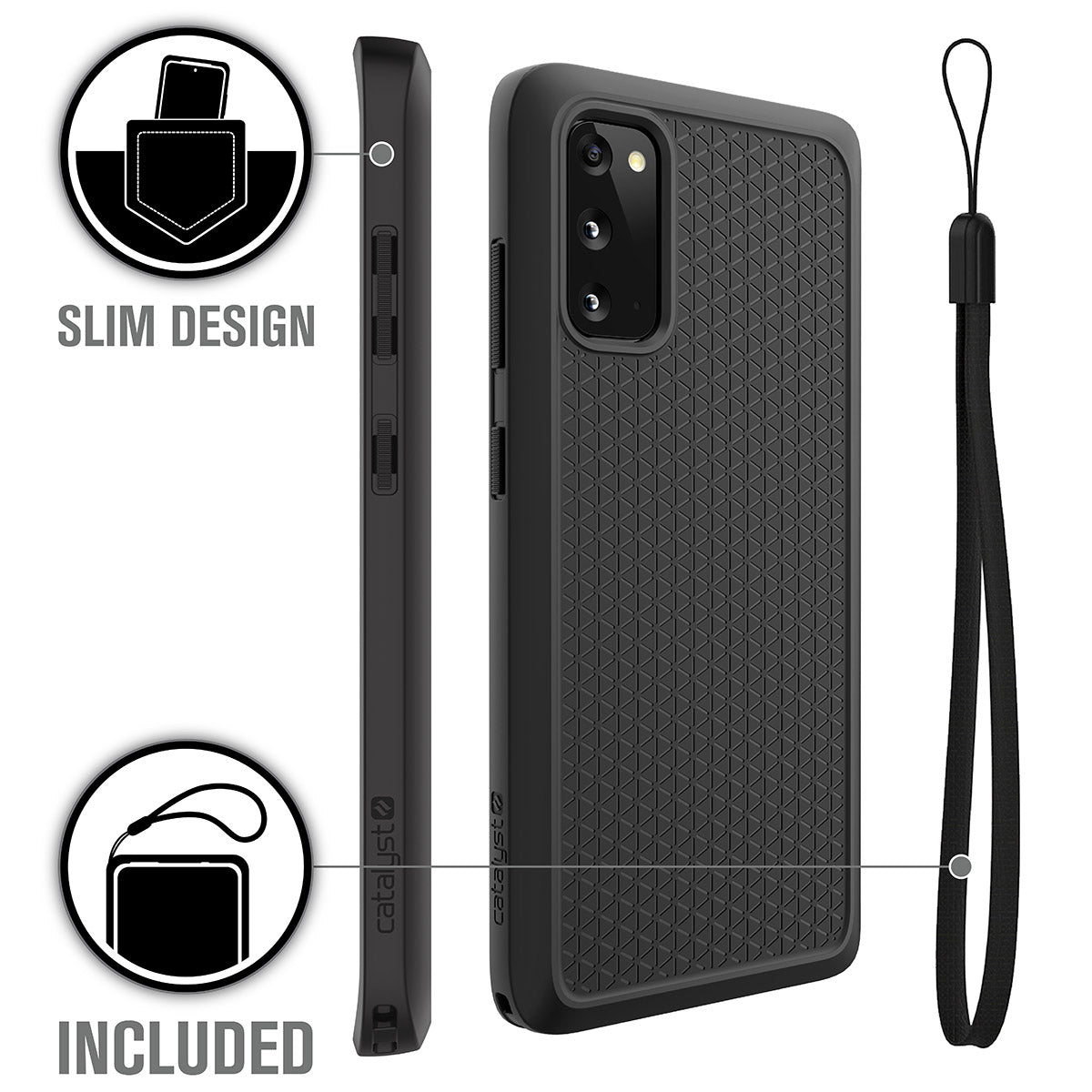 The Catalyst Case US Impact Protection Case for Samsung Galaxy S20 is shown in black with a textured geometric back, slim design graphics, visible button and camera cutouts, and an attachable lanyard wrist strap.