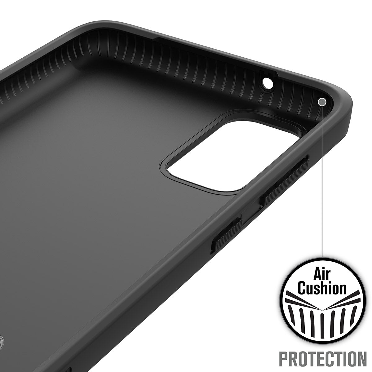 A close-up of the Catalyst Case US Impact Protection Case for Samsung Galaxy S20 shows raised edges, grooved inner corners, and a camera cutout. An inset highlights "Air Cushion Protection" for reinforced shock-absorbing corners. "PROTECTION" appears bottom right.