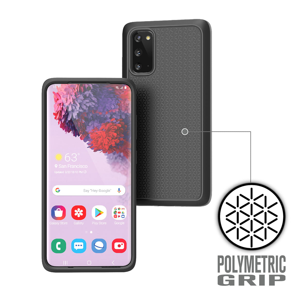 The Samsung Galaxy S20 in a black Catalyst Case US Impact Protection Case is shown front and back, with app icons and weather on the screen. An inset highlights the case’s geometric polymeric grip pattern, labeled "POLYMETRIC GRIP.