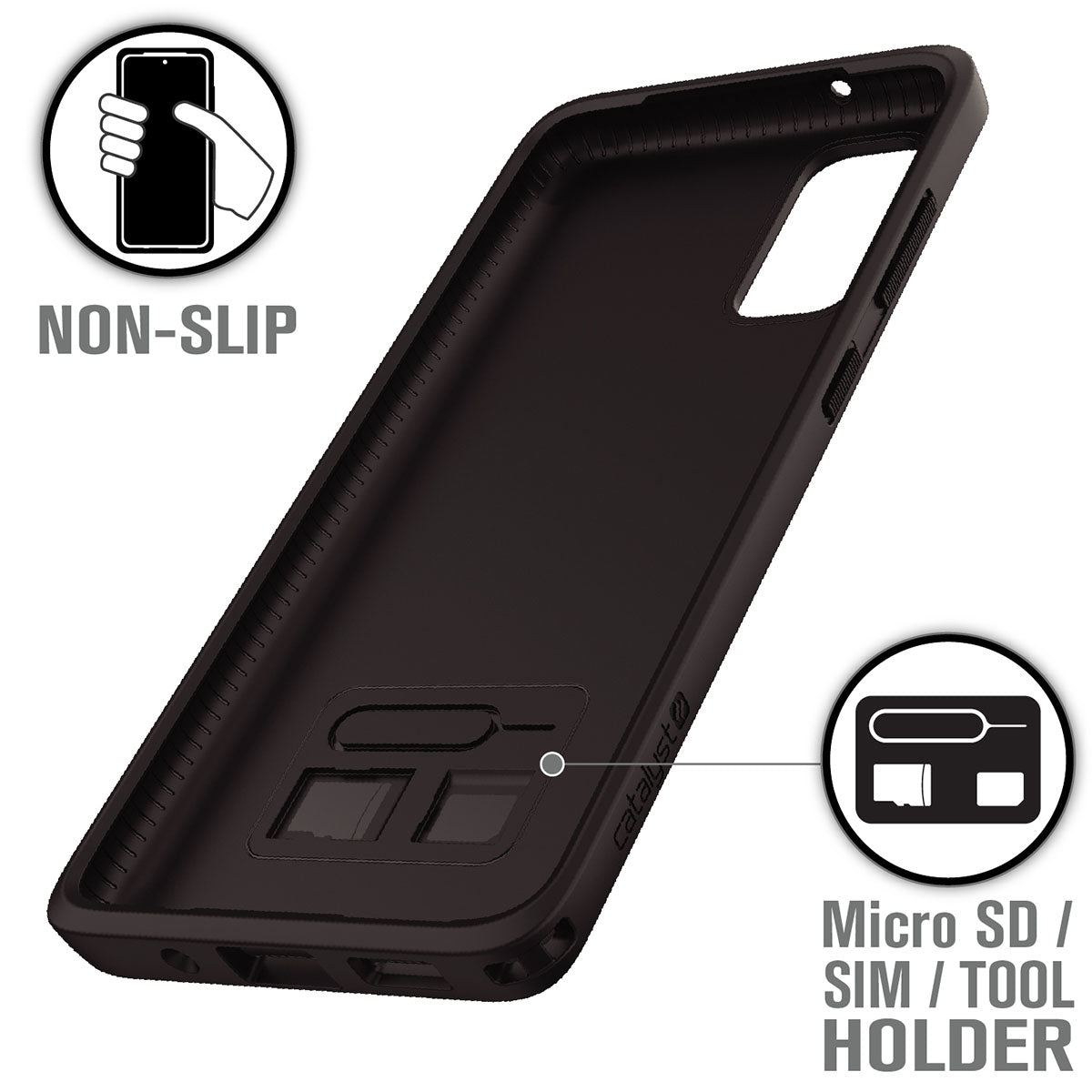 The Catalyst Case US Impact Protection Case for Samsung Galaxy S20 is shown at an angle, featuring a non-slip grip plus built-in holders for a micro SD card, SIM card, and SIM tool, with text and icons highlighting these features.