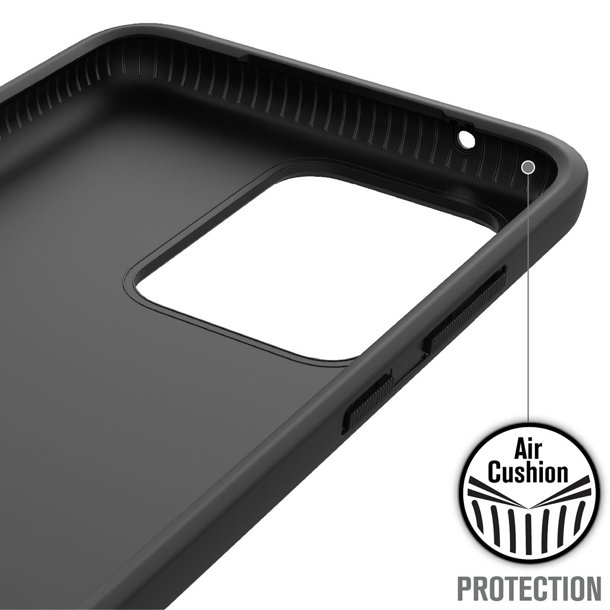 Close-up of Catalyst Case US’s Impact Protection Case for Samsung Galaxy S20 Ultra. A magnified inset highlights grooved "Air Cushion" lines inside the corner for shock absorption. “PROTECTION” appears in bold at the bottom right.