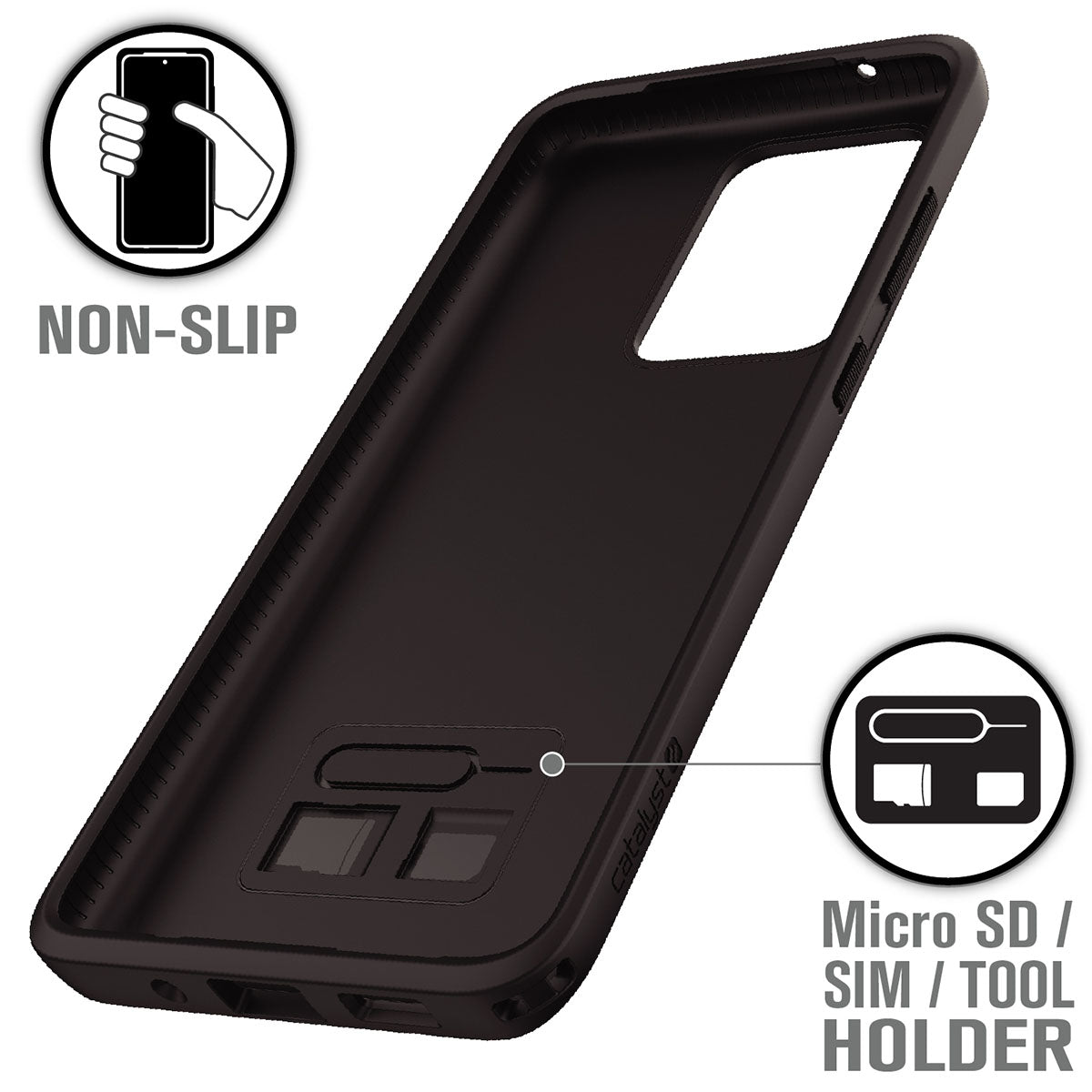 The Catalyst Case US Impact Protection Case for Samsung Galaxy S20 Ultra is shown in black, featuring a non-slip grip and an integrated holder for a micro SD card, SIM card, and SIM tool. Insets highlight these design features within the case.