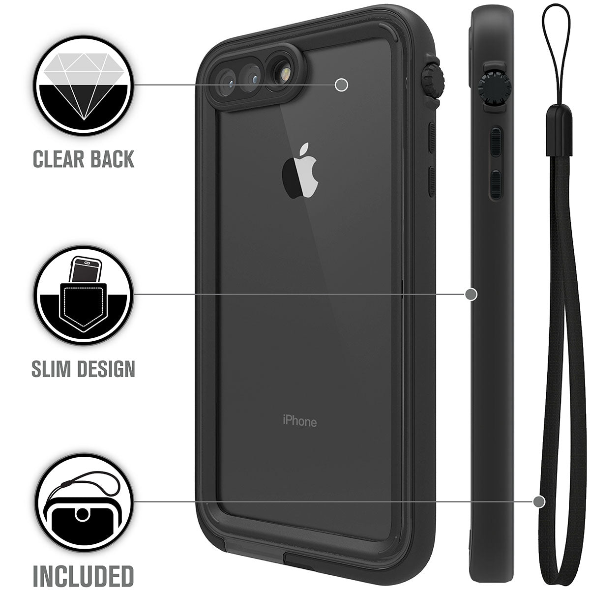 The Catalyst Case US iPhone 8 Plus/7 Plus Waterproof Case is shown from the back and side, featuring a clear back that reveals the Apple logo, slim design, black wrist strap, and icons highlighting its drop-proof features.