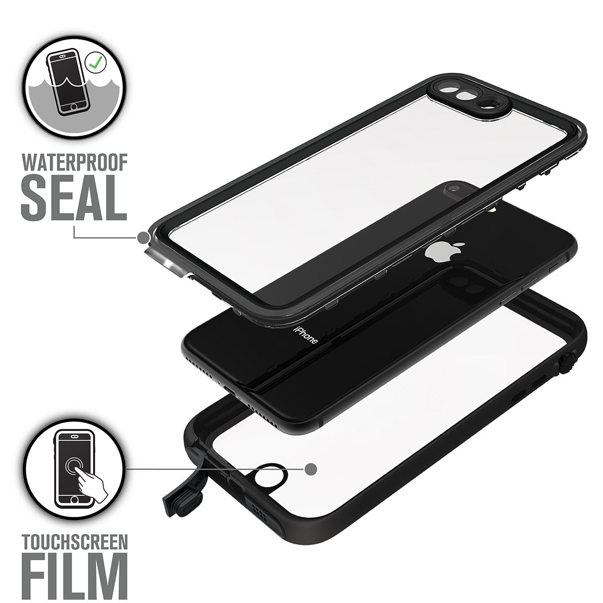 Exploded view of Catalyst Case US iPhone 8 Plus/7 Plus Waterproof Case shows three layers—transparent front, iPhone, and transparent back. Labels highlight the waterproof seal and touchscreen film for drop-proof protection.