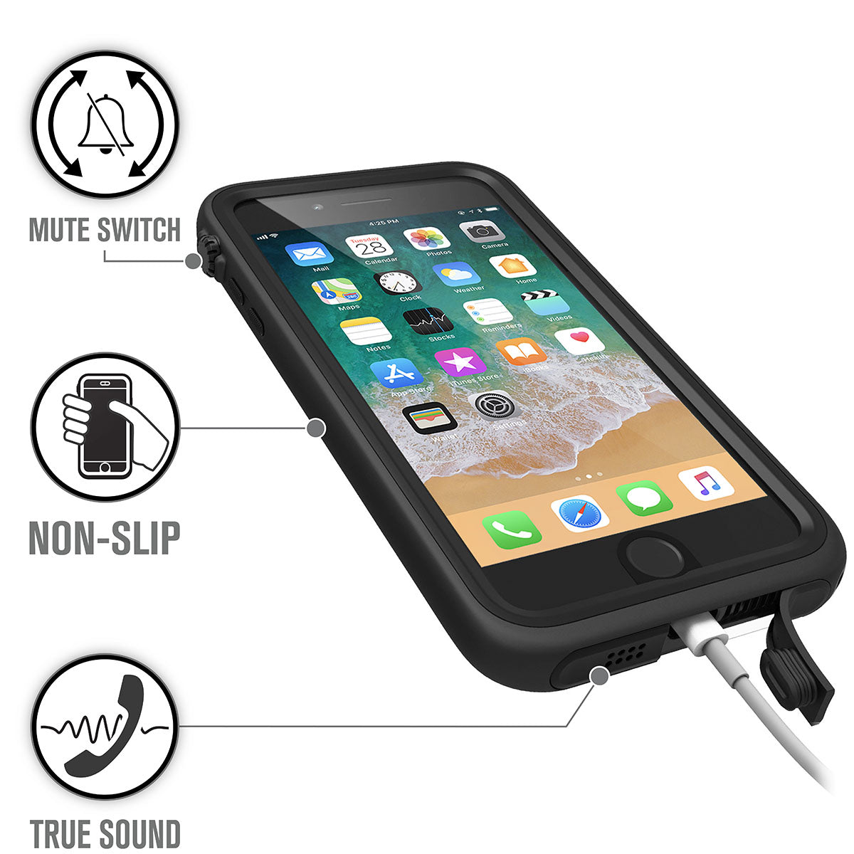 A Catalyst Case US iPhone 8 Plus/7 Plus Waterproof Case is shown on a phone with a charging cable, featuring labeled icons for mute switch access, non-slip grip, and true sound, highlighting its drop-proof design.