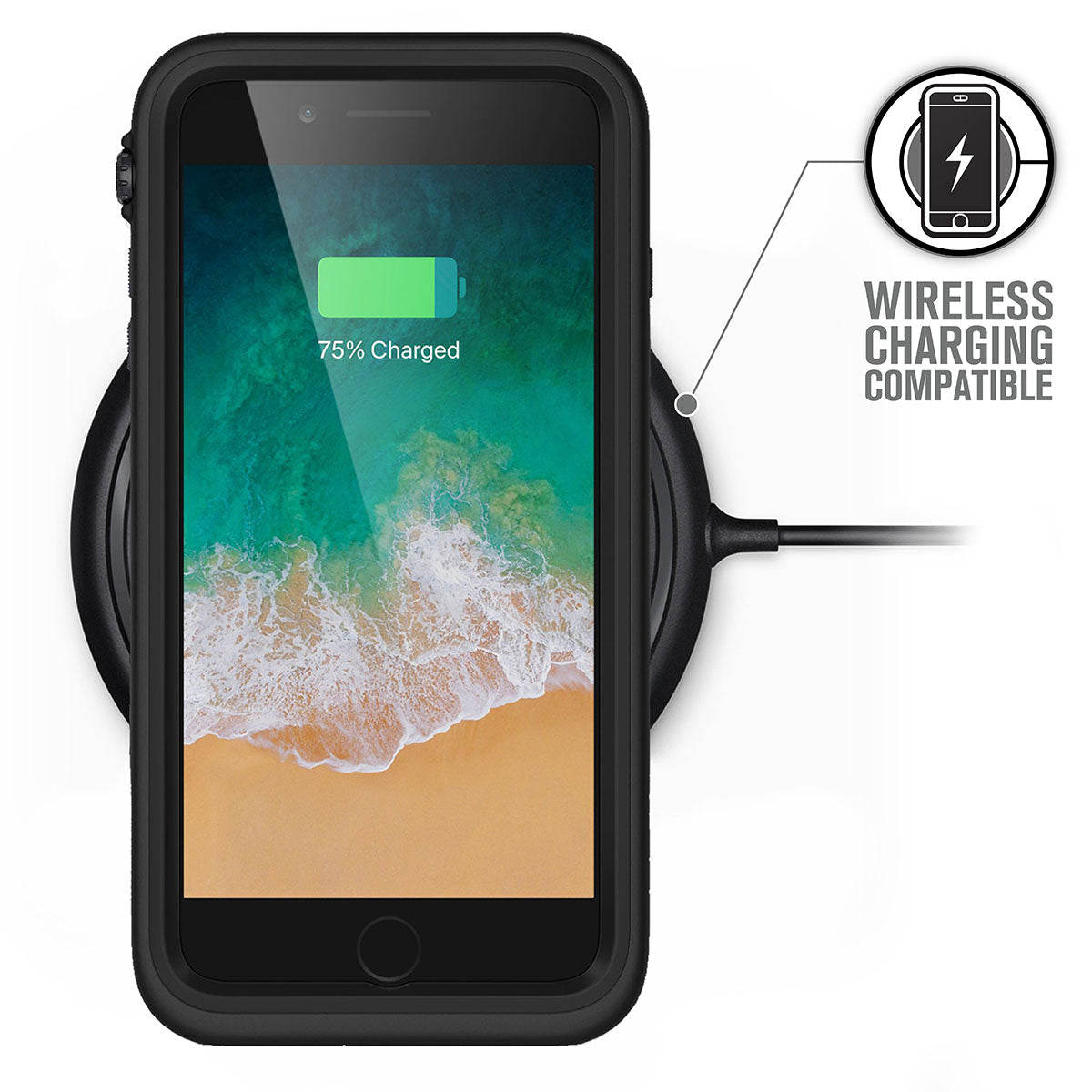 An iPhone 8 Plus in a Catalyst Case US Waterproof Case (black) sits on a circular wireless charging pad, showing a beach wallpaper and 75% battery. A phone and lightning bolt icon indicates “Wireless Charging Compatible.”.
